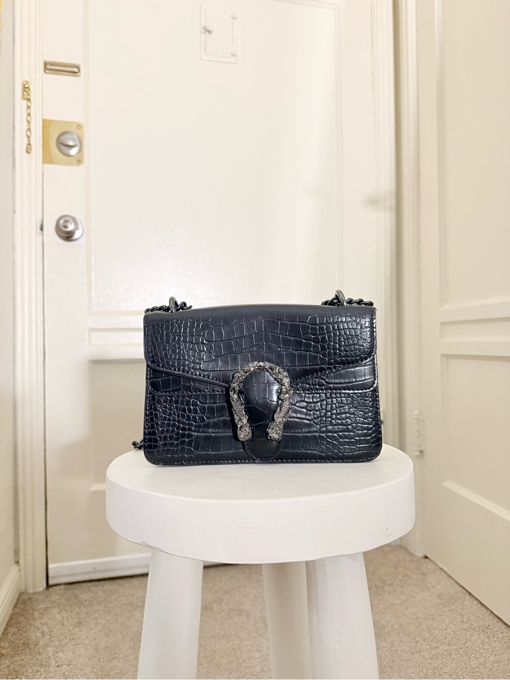 Black Croc-Embossed Leather Shoulder Bag with Silver Horsebit Accent - Picture 2 of 7